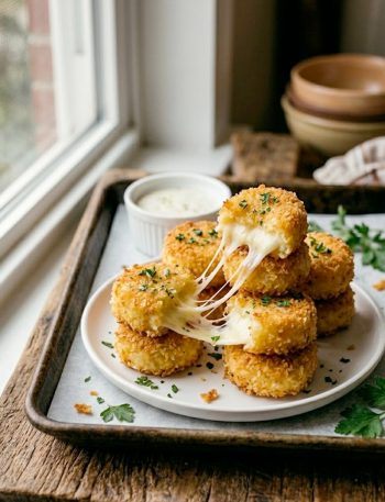 Cheesy mashed potato puff bites stacked on a plate with melted cheese pulling apart