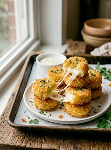 Cheesy mashed potato puff bites stacked on a plate with melted cheese pulling apart