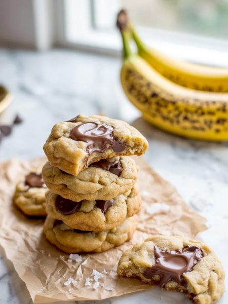 A pile of chewy banana bread chocolate chip cookies on parchment paper with one cookie showing a bite taken out revealing melty chocolate and soft chewy interior with flaky sea salt on top