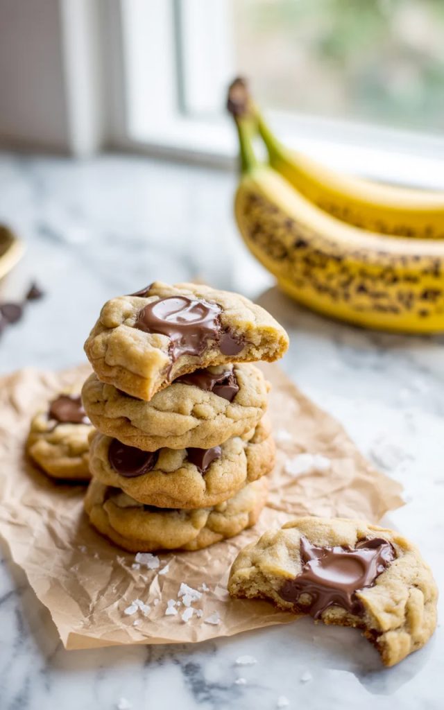 A pile of chewy banana bread chocolate chip cookies on parchment paper with one cookie showing a bite taken out revealing melty chocolate and soft chewy interior with flaky sea salt on top