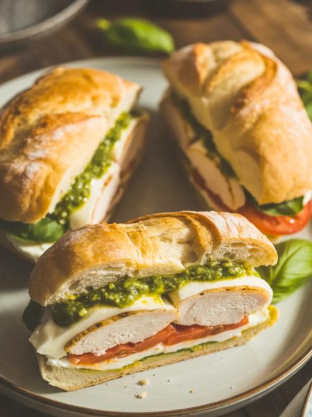 Three golden toasted ciabatta chicken pesto sandwiches on a light grey ceramic plate showing layers of juicy chicken fresh mozzarella basil pesto and ripe tomato