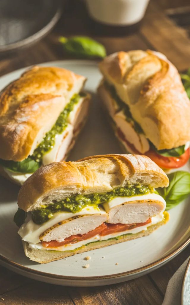 Three golden toasted ciabatta chicken pesto sandwiches on a light grey ceramic plate showing layers of juicy chicken fresh mozzarella basil pesto and ripe tomato