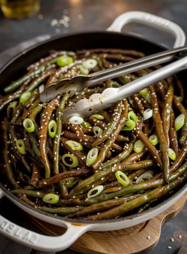 A black cast iron skillet of glossy garlicky Chinese buffet style green beans coated in savory sauce and topped with sesame seeds and sliced green onions