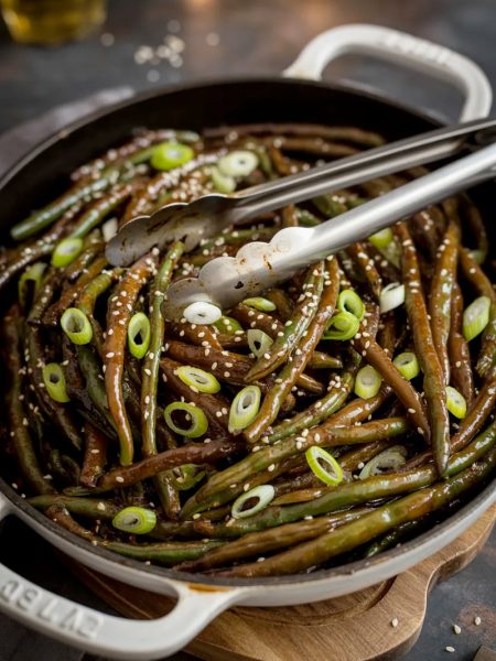 A black cast iron skillet of glossy garlicky Chinese buffet style green beans coated in savory sauce and topped with sesame seeds and sliced green onions