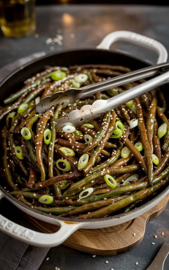 A black cast iron skillet of glossy garlicky Chinese buffet style green beans coated in savory sauce and topped with sesame seeds and sliced green onions