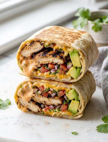 A close-up of a chipotle ranch grilled chicken burrito cut in half showing smoky grilled chicken, creamy chipotle ranch sauce, fresh pico de gallo and avocado wrapped in a toasted flour tortilla