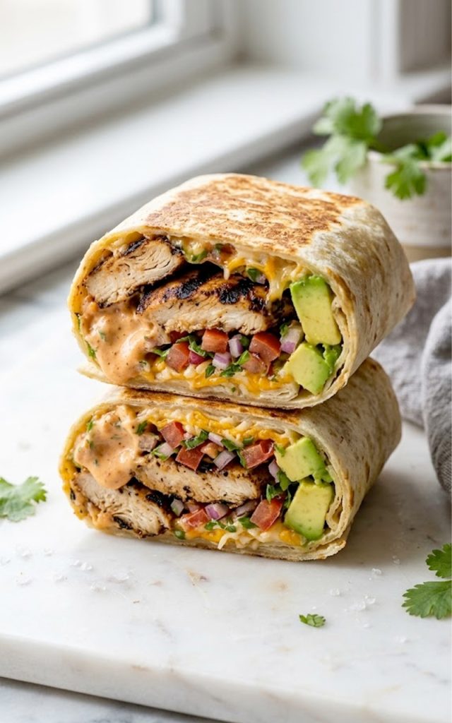 A close-up of a chipotle ranch grilled chicken burrito cut in half showing smoky grilled chicken, creamy chipotle ranch sauce, fresh pico de gallo and avocado wrapped in a toasted flour tortilla