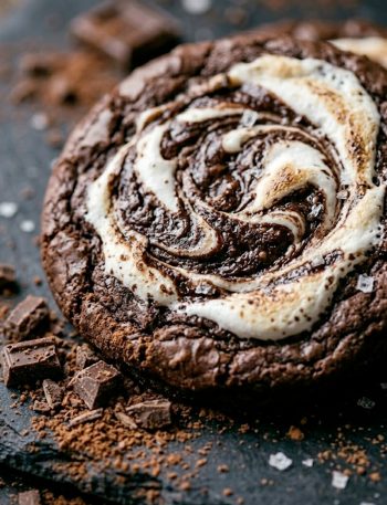 Close-up of a chocolate marshmallow swirl cookie with a stunning white and chocolate swirl pattern on top sitting on a dark surface