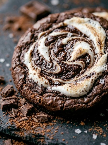 Close-up of a chocolate marshmallow swirl cookie with a stunning white and chocolate swirl pattern on top sitting on a dark surface