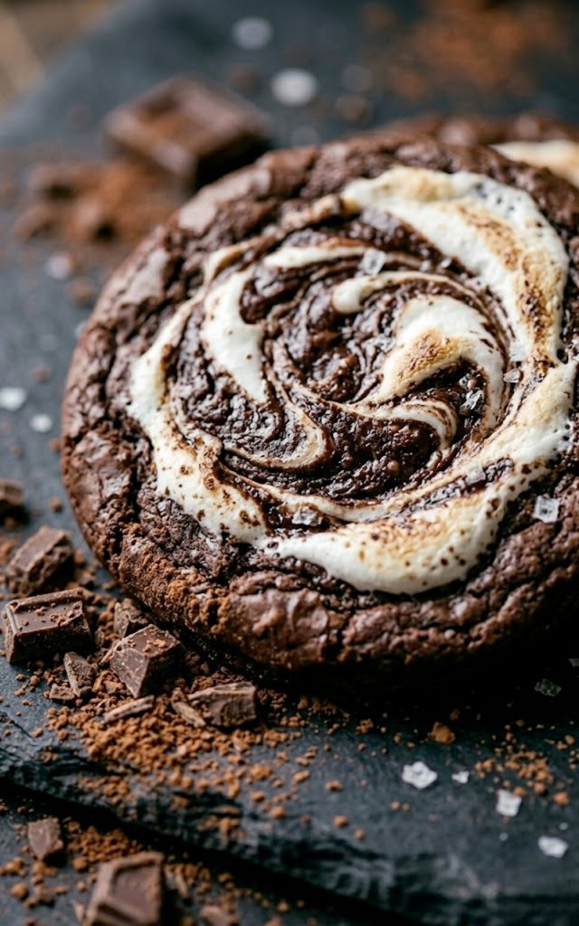 Close-up of a chocolate marshmallow swirl cookie with a stunning white and chocolate swirl pattern on top sitting on a dark surface