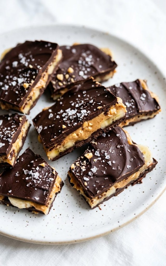 Overhead close-up of broken chocolate banana bark pieces showing peanut butter and banana layers on a white speckled plate