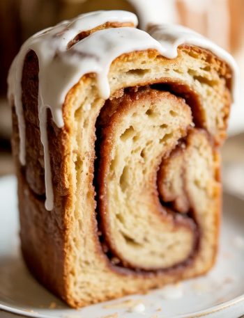 Close-up of a thick slice of cinnamon roll banana bread with a visible cinnamon sugar swirl and vanilla glaze drizzled over the top on a white plate
