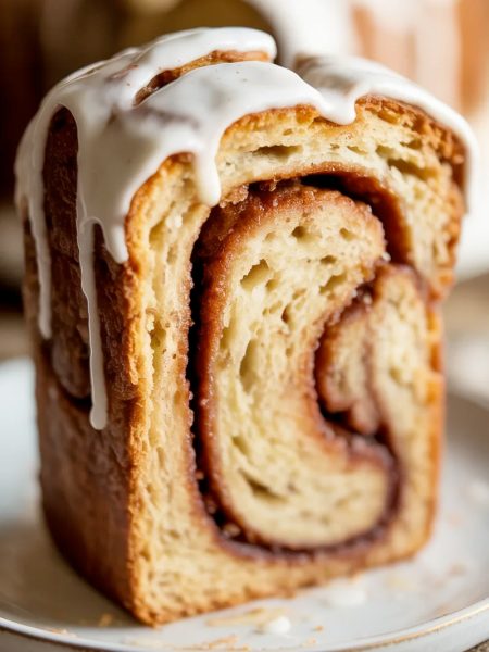 Close-up of a thick slice of cinnamon roll banana bread with a visible cinnamon sugar swirl and vanilla glaze drizzled over the top on a white plate