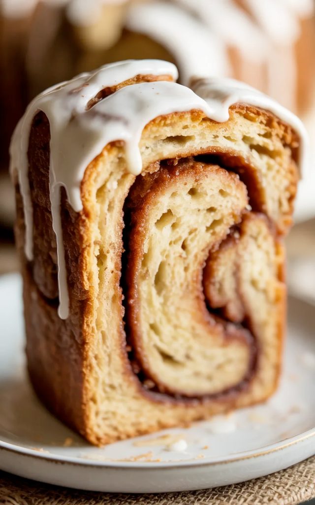Close-up of a thick slice of cinnamon roll banana bread with a visible cinnamon sugar swirl and vanilla glaze drizzled over the top on a white plate