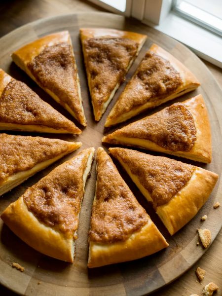 A golden cinnamon sugar crescent roll pizza cut into eight triangular slices arranged on a round wooden board with a caramelized cinnamon sugar crust on top