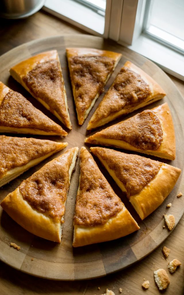 A golden cinnamon sugar crescent roll pizza cut into eight triangular slices arranged on a round wooden board with a caramelized cinnamon sugar crust on top