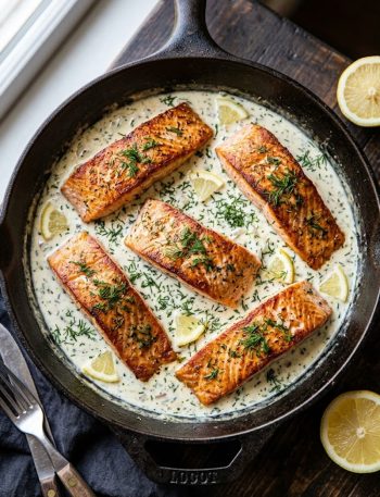 Four golden seared salmon fillets in a rich creamy dill sauce in a skillet