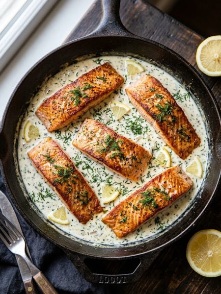 Four golden seared salmon fillets in a rich creamy dill sauce in a skillet