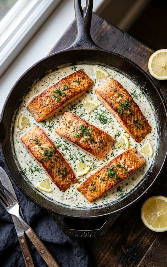Four golden seared salmon fillets in a rich creamy dill sauce in a skillet