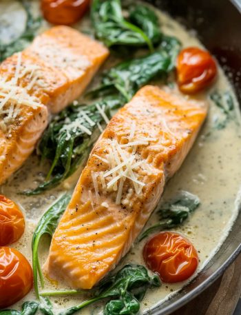 Three seared salmon fillets in a creamy garlic sauce with cherry tomatoes spinach and parmesan in a dark cast iron skillet