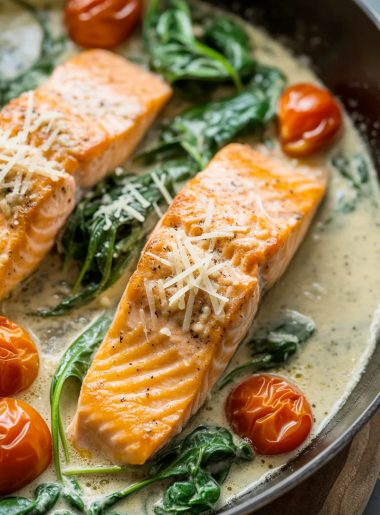Three seared salmon fillets in a creamy garlic sauce with cherry tomatoes spinach and parmesan in a dark cast iron skillet