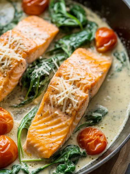 Three seared salmon fillets in a creamy garlic sauce with cherry tomatoes spinach and parmesan in a dark cast iron skillet