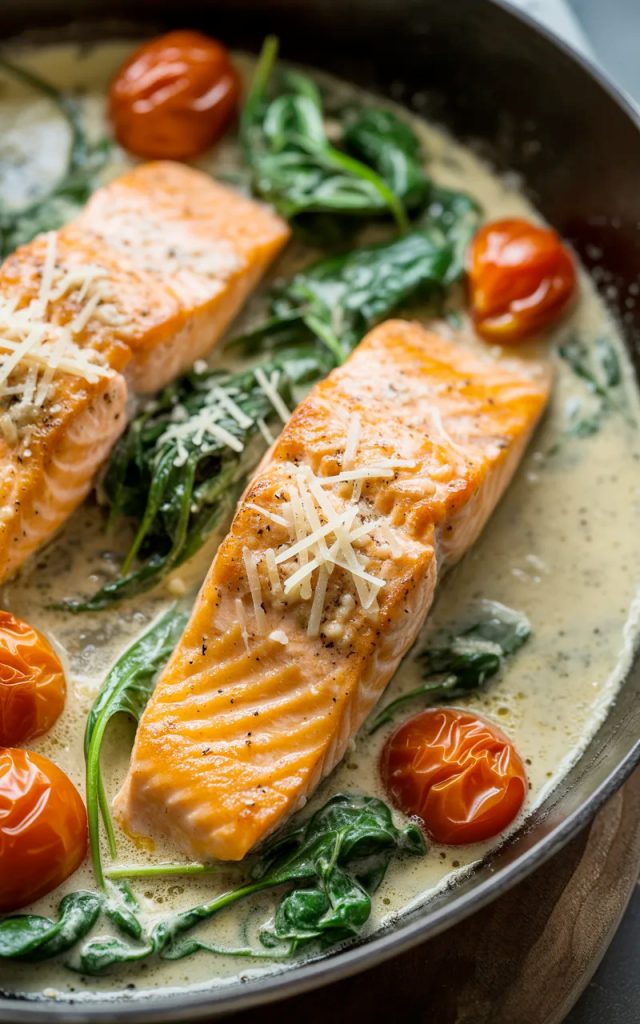Three seared salmon fillets in a creamy garlic sauce with cherry tomatoes spinach and parmesan in a dark cast iron skillet