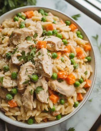 A white bowl filled with creamy chicken pot pie orzo pasta with diced carrots, green peas, tender chicken pieces and fresh parsley garnish on a marble surface
