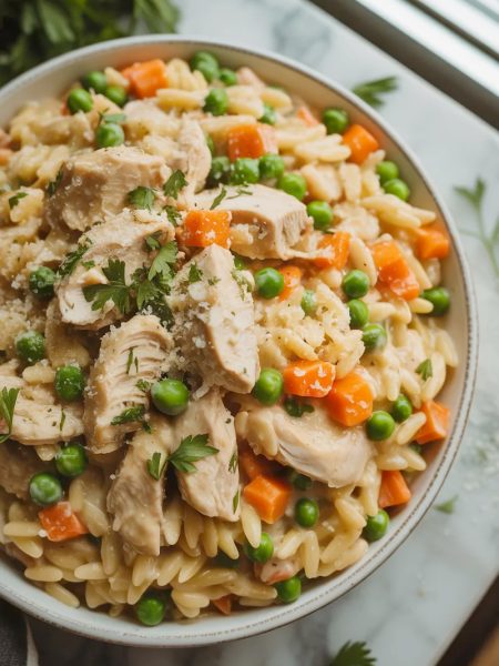 A white bowl filled with creamy chicken pot pie orzo pasta with diced carrots, green peas, tender chicken pieces and fresh parsley garnish on a marble surface