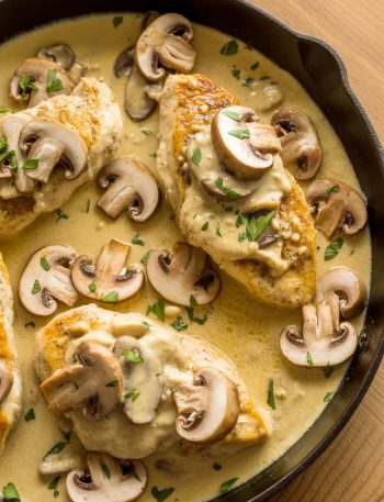 Close-up overhead shot of golden chicken breasts in a rich creamy Asiago mushroom sauce with sliced mushrooms and fresh parsley in a dark skillet on a wooden table