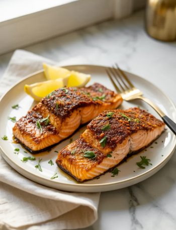 Two beautifully seasoned crispy air fryer salmon fillets with a deep caramelized smoked paprika spice crust on a white ceramic plate garnished with fresh parsley and lemon wedges