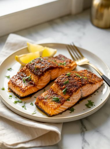 Two beautifully seasoned crispy air fryer salmon fillets with a deep caramelized smoked paprika spice crust on a white ceramic plate garnished with fresh parsley and lemon wedges