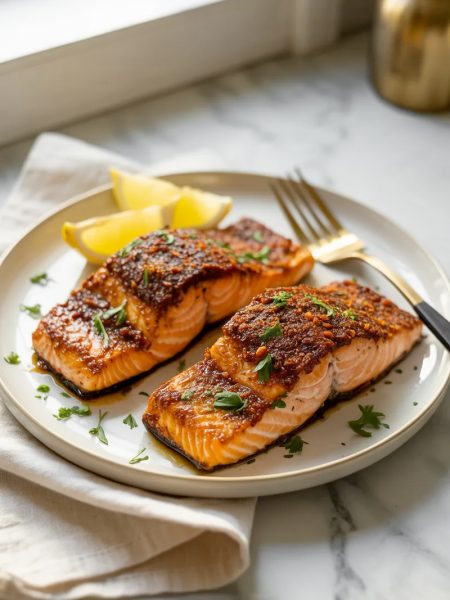 Two beautifully seasoned crispy air fryer salmon fillets with a deep caramelized smoked paprika spice crust on a white ceramic plate garnished with fresh parsley and lemon wedges
