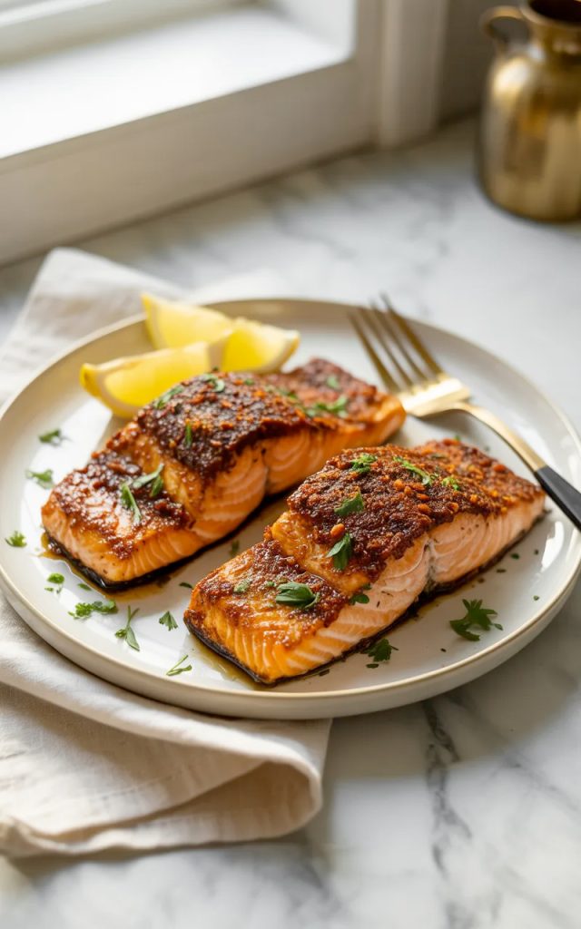 Two beautifully seasoned crispy air fryer salmon fillets with a deep caramelized smoked paprika spice crust on a white ceramic plate garnished with fresh parsley and lemon wedges