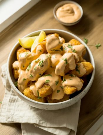 Golden crispy bang bang salmon bites piled in a white speckled ceramic bowl smothered in creamy bang bang sauce garnished with fresh parsley and lemon wedges on a wooden surface