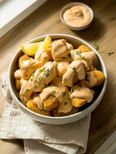 Golden crispy bang bang salmon bites piled in a white speckled ceramic bowl smothered in creamy bang bang sauce garnished with fresh parsley and lemon wedges on a wooden surface
