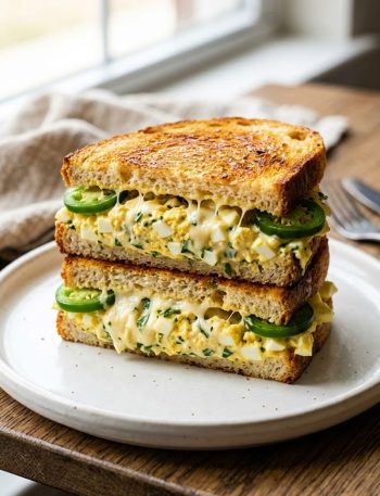 A golden crispy egg salad sandwich cut diagonally and stacked, filled with chunky egg salad, melted mozzarella and fresh jalapeno slices