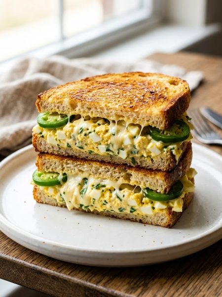A golden crispy egg salad sandwich cut diagonally and stacked, filled with chunky egg salad, melted mozzarella and fresh jalapeno slices
