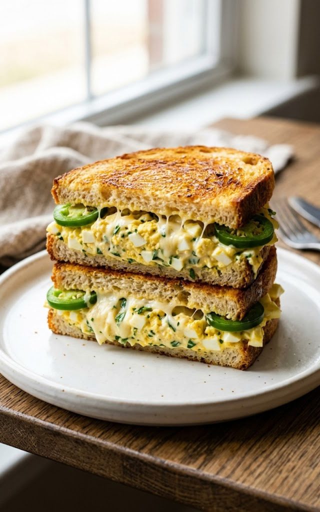 A golden crispy egg salad sandwich cut diagonally and stacked, filled with chunky egg salad, melted mozzarella and fresh jalapeno slices