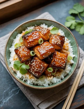 Deeply caramelized crispy honey garlic salmon bites piled over fluffy white rice in a green ceramic bowl topped with sesame seeds and sliced green onions