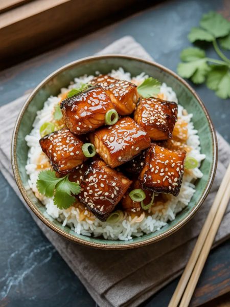Deeply caramelized crispy honey garlic salmon bites piled over fluffy white rice in a green ceramic bowl topped with sesame seeds and sliced green onions
