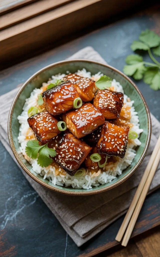 Deeply caramelized crispy honey garlic salmon bites piled over fluffy white rice in a green ceramic bowl topped with sesame seeds and sliced green onions