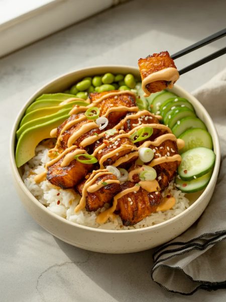 Crispy sriracha glazed salmon bites over white rice in a speckled ceramic bowl with sliced avocado edamame cucumber sesame seeds and sriracha mayo drizzle with black chopsticks lifting one piece