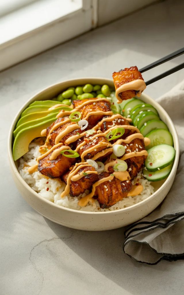 Crispy sriracha glazed salmon bites over white rice in a speckled ceramic bowl with sliced avocado edamame cucumber sesame seeds and sriracha mayo drizzle with black chopsticks lifting one piece