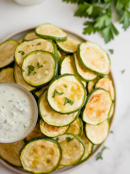 A white plate piled with golden crispy baked zucchini chips garnished with fresh parsley and served with a creamy dipping sauce