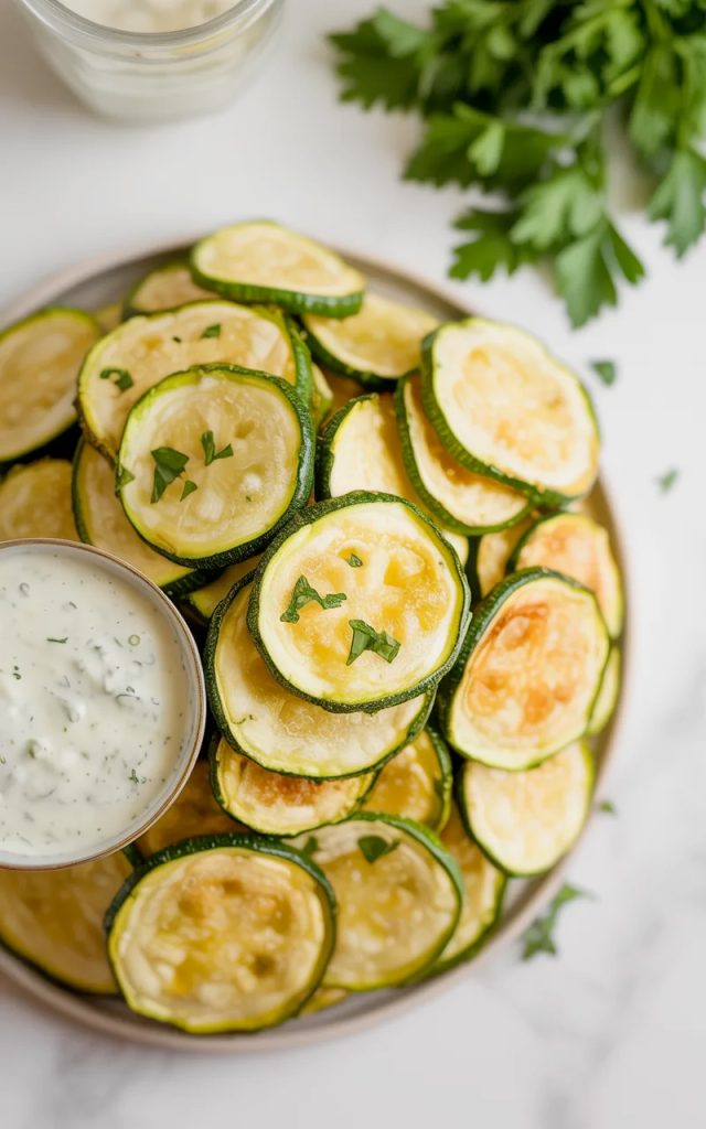A white plate piled with golden crispy baked zucchini chips garnished with fresh parsley and served with a creamy dipping sauce