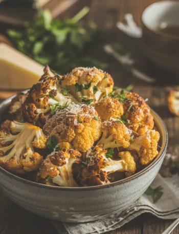 A rustic ceramic bowl piled high with golden crispy parmesan roasted cauliflower florets garnished with fresh parsley and extra parmesan on a dark wooden surface