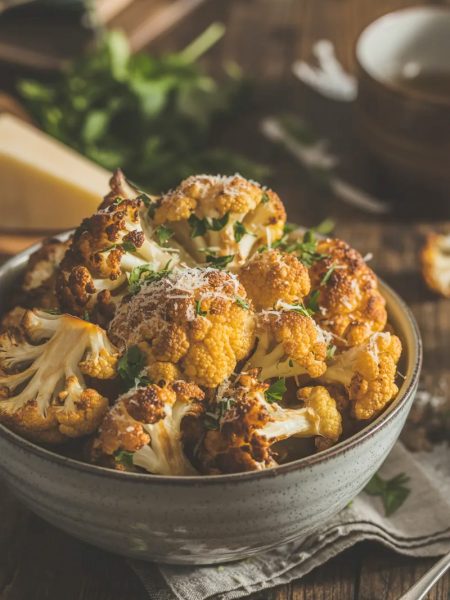 A rustic ceramic bowl piled high with golden crispy parmesan roasted cauliflower florets garnished with fresh parsley and extra parmesan on a dark wooden surface