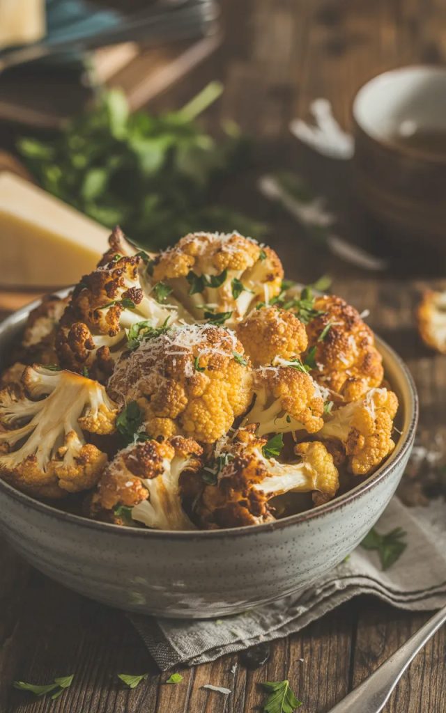 A rustic ceramic bowl piled high with golden crispy parmesan roasted cauliflower florets garnished with fresh parsley and extra parmesan on a dark wooden surface