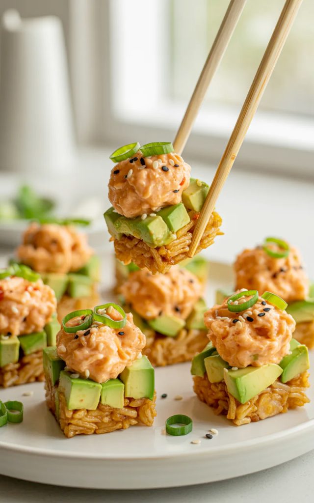 Several crispy golden rice bites topped with creamy spicy salmon mixture diced avocado black sesame seeds and sliced green onions arranged on a white plate with chopsticks picking up one piece